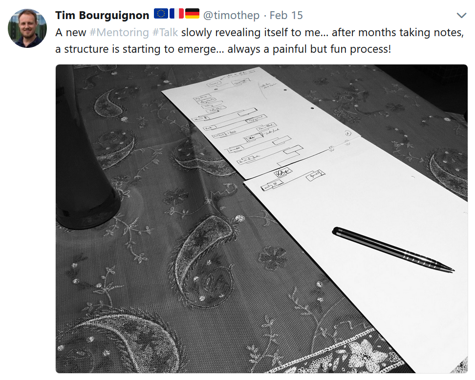 Tweet: a new mentoring talk slowly revealing itself to me. After months of taking notes, a structure is starting to emerge. Slow and painful, but always fun process
