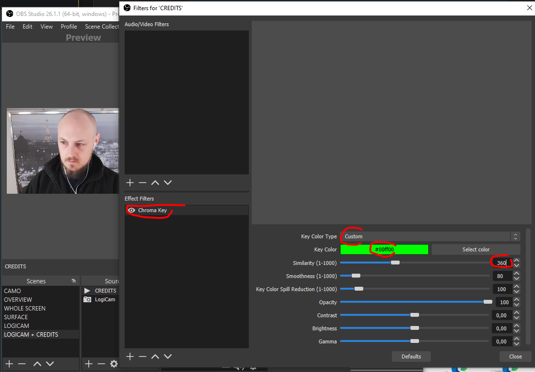 Setting up a chroma key filter in OBS